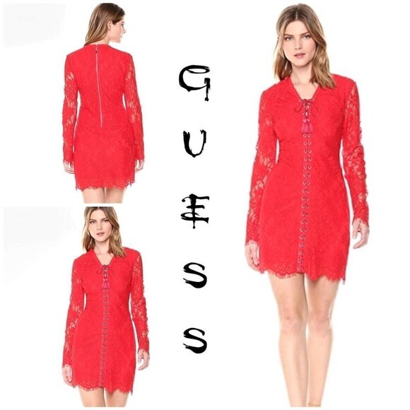GUESS DAKOTA PLUNGING LACE-UP DRESS Flame scarlet - Picture 1 of 11